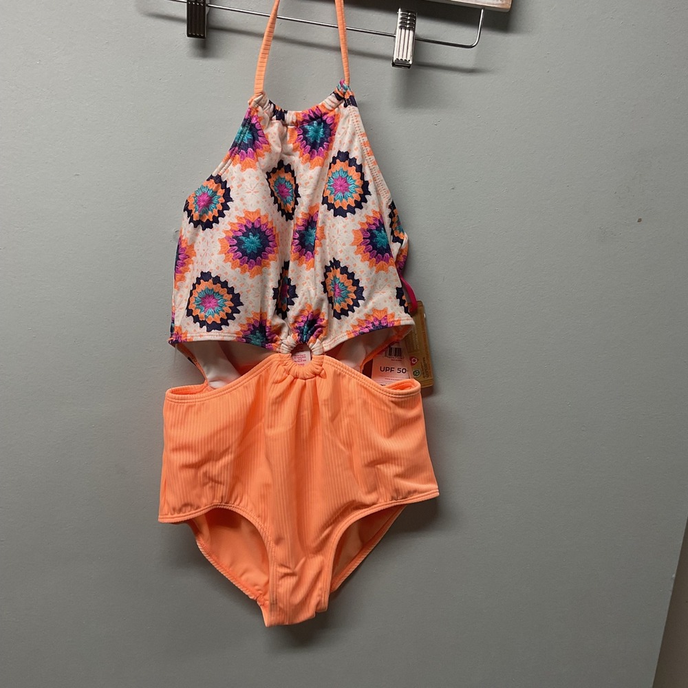 Justice‎ Girls Cutout Colorblock One Piece Swimsuit Coral Print  L 12-14 UPF 50